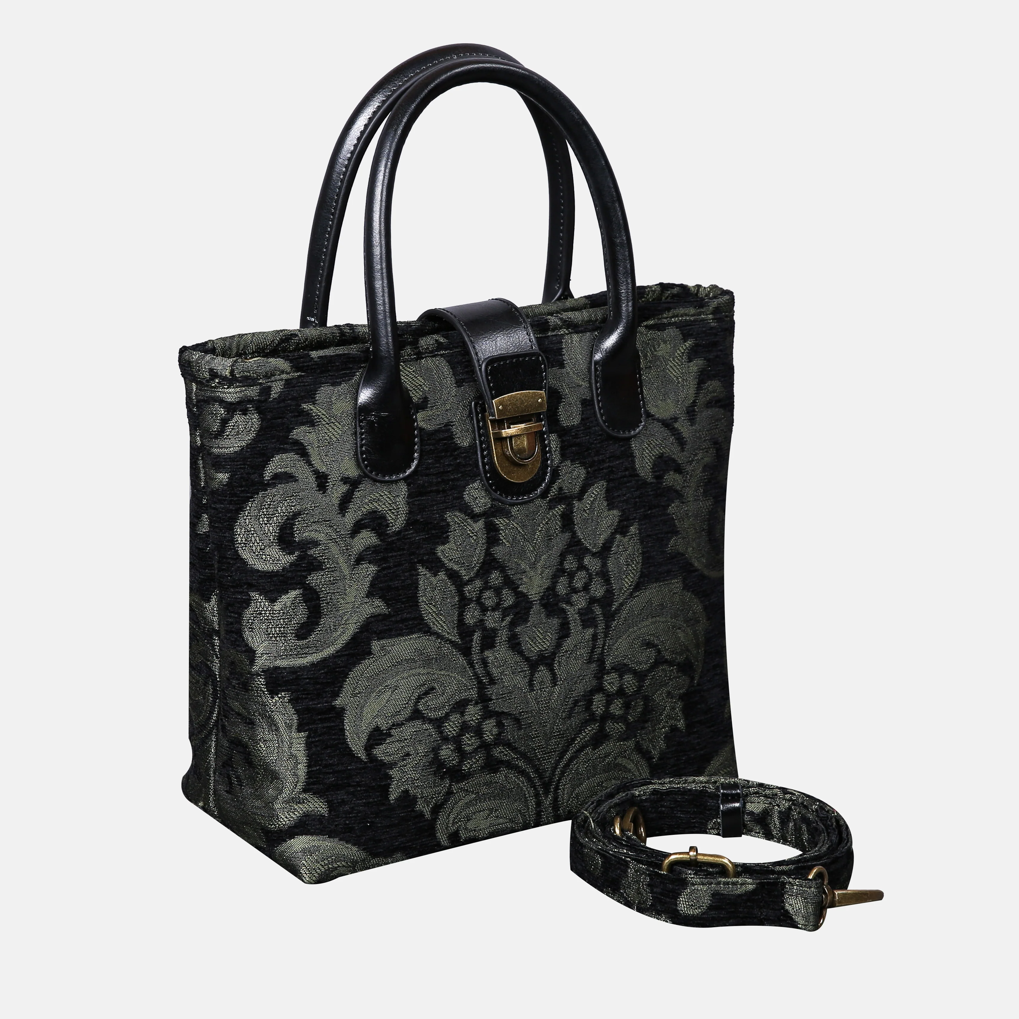 Victorian Blossom Black/Green Tuck Lock Carpet Satchel - Image 2
