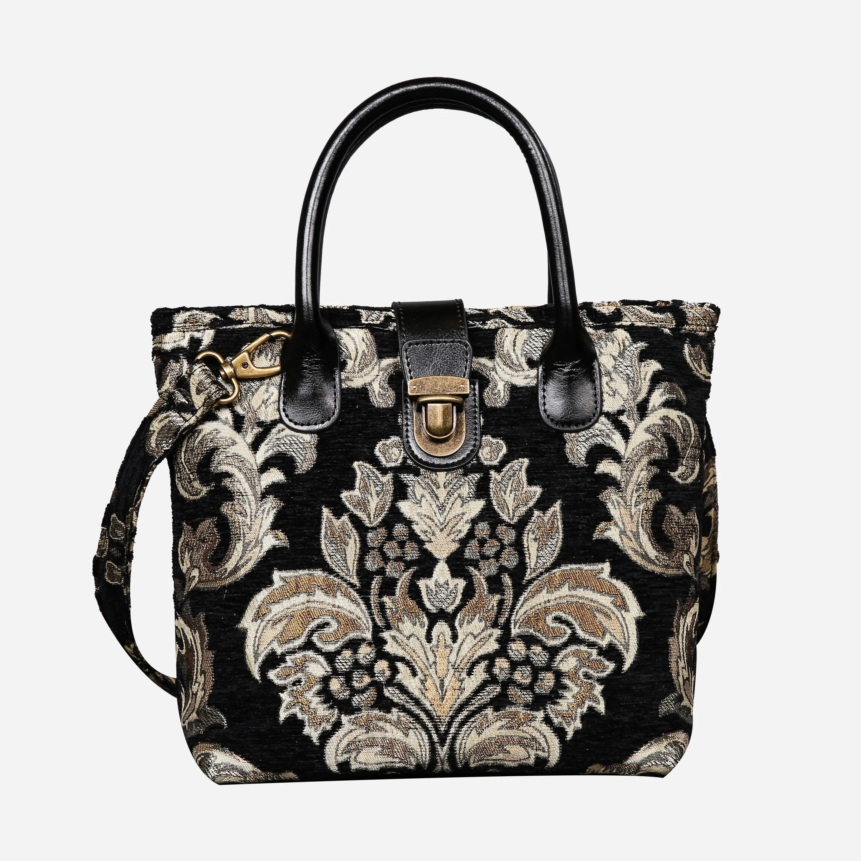 Victorian Blossom Black/Gold Tuck Lock Carpet Satchel