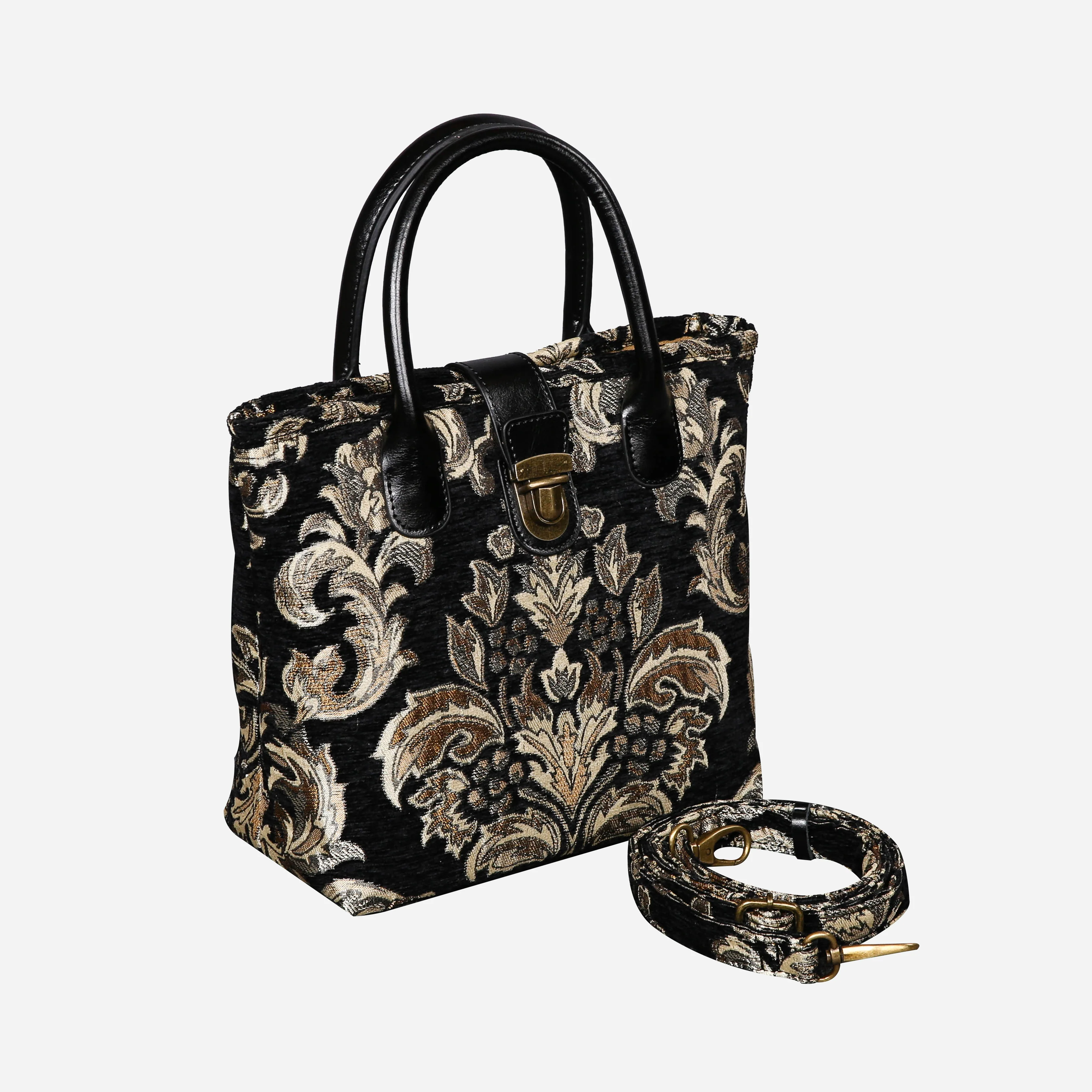 Victorian Blossom Black/Gold Tuck Lock Carpet Satchel - Image 3