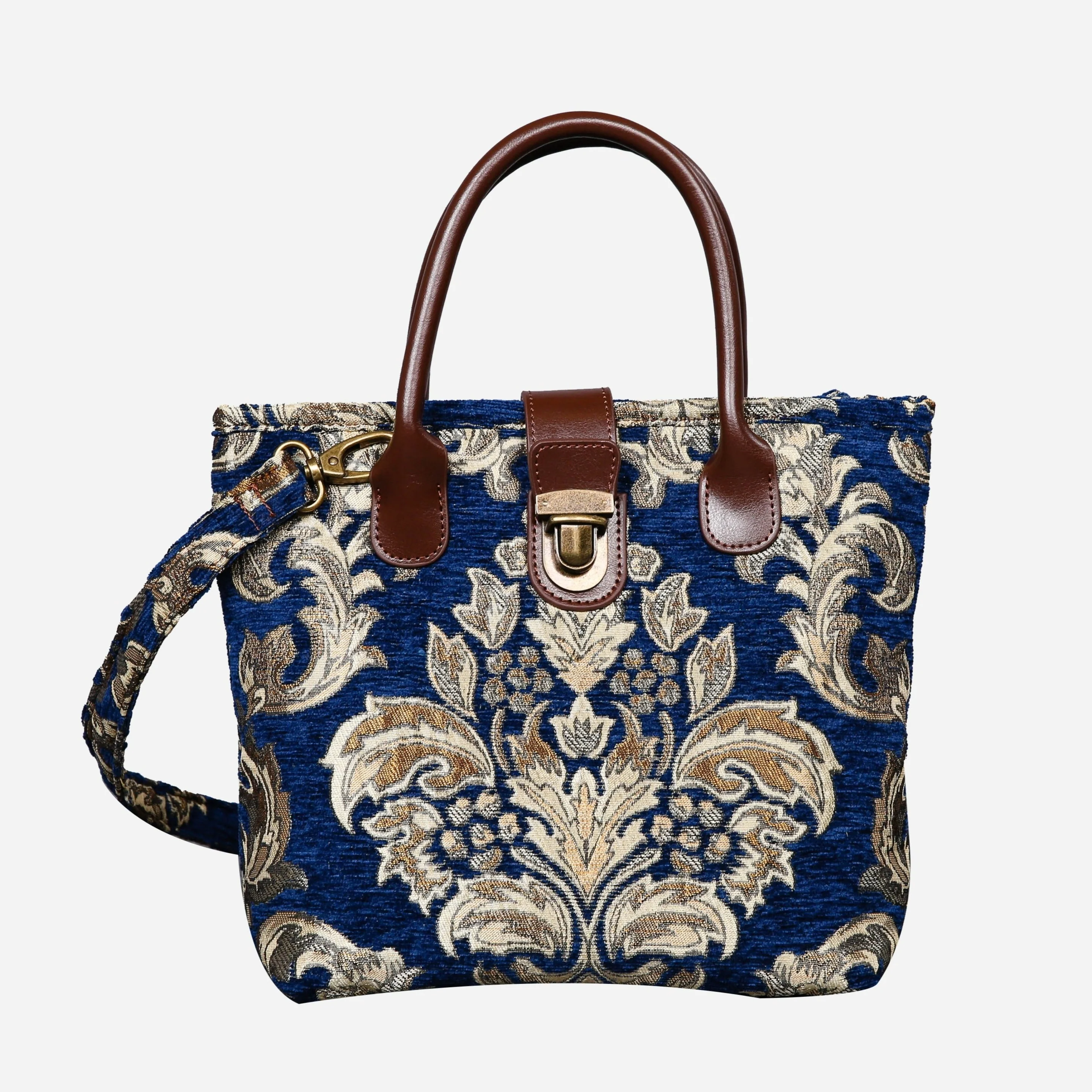 Victorian Blossom BLUE-GOLD Tuck Lock Carpet Satchel