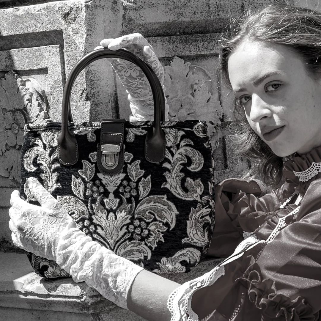 Victorian Blossom BLUE-GOLD Tuck Lock Carpet Satchel - Image 2