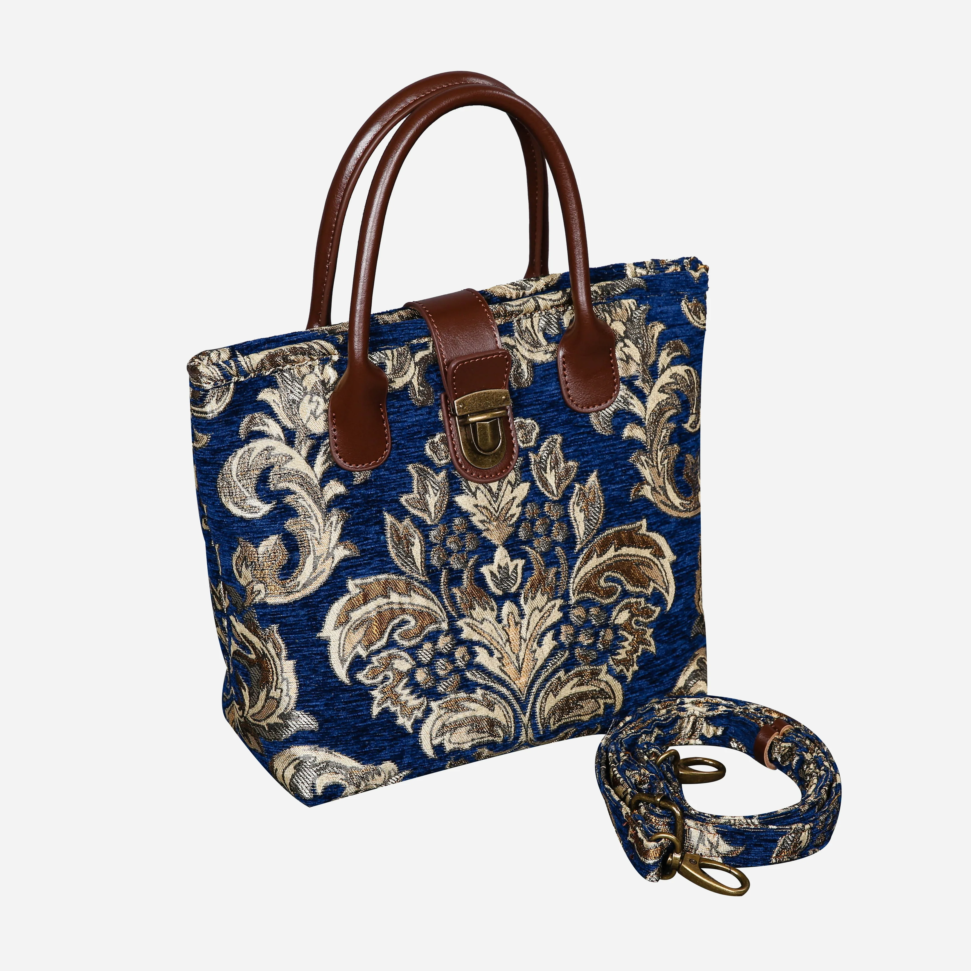 Victorian Blossom BLUE-GOLD Tuck Lock Carpet Satchel - Image 3