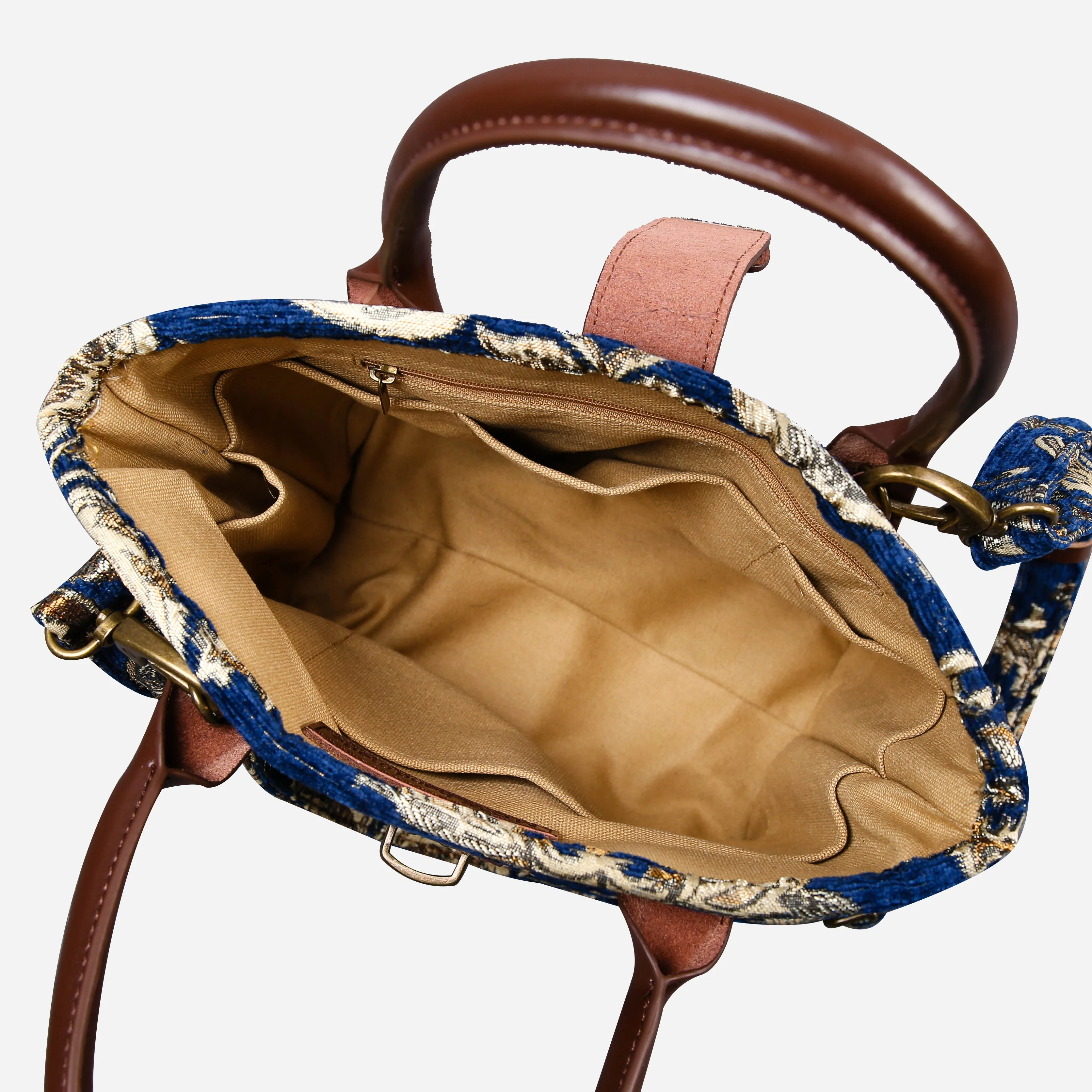 Victorian Blossom BLUE-GOLD Tuck Lock Carpet Satchel - Image 7