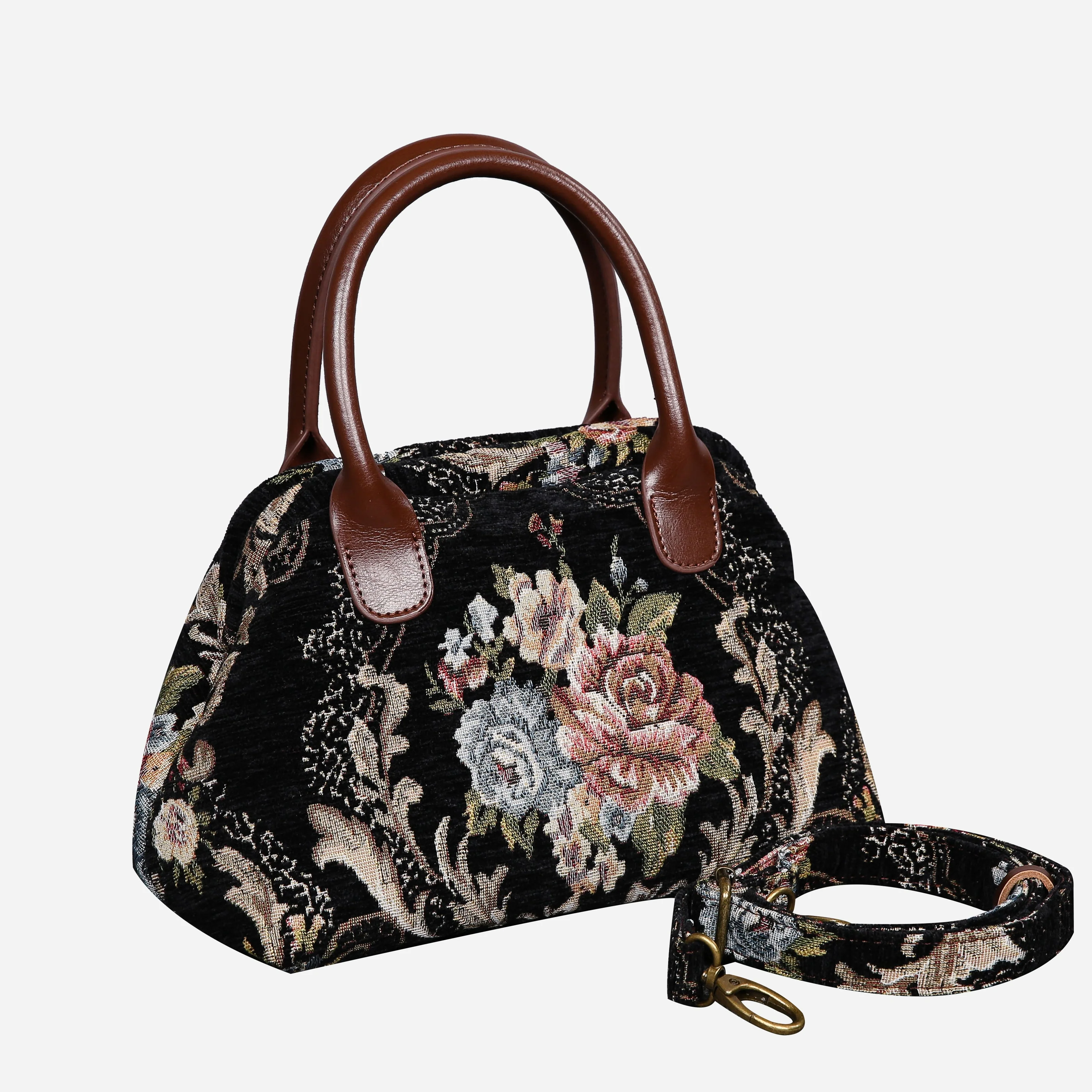 Floral Black Leather Brown Carpet Satchel