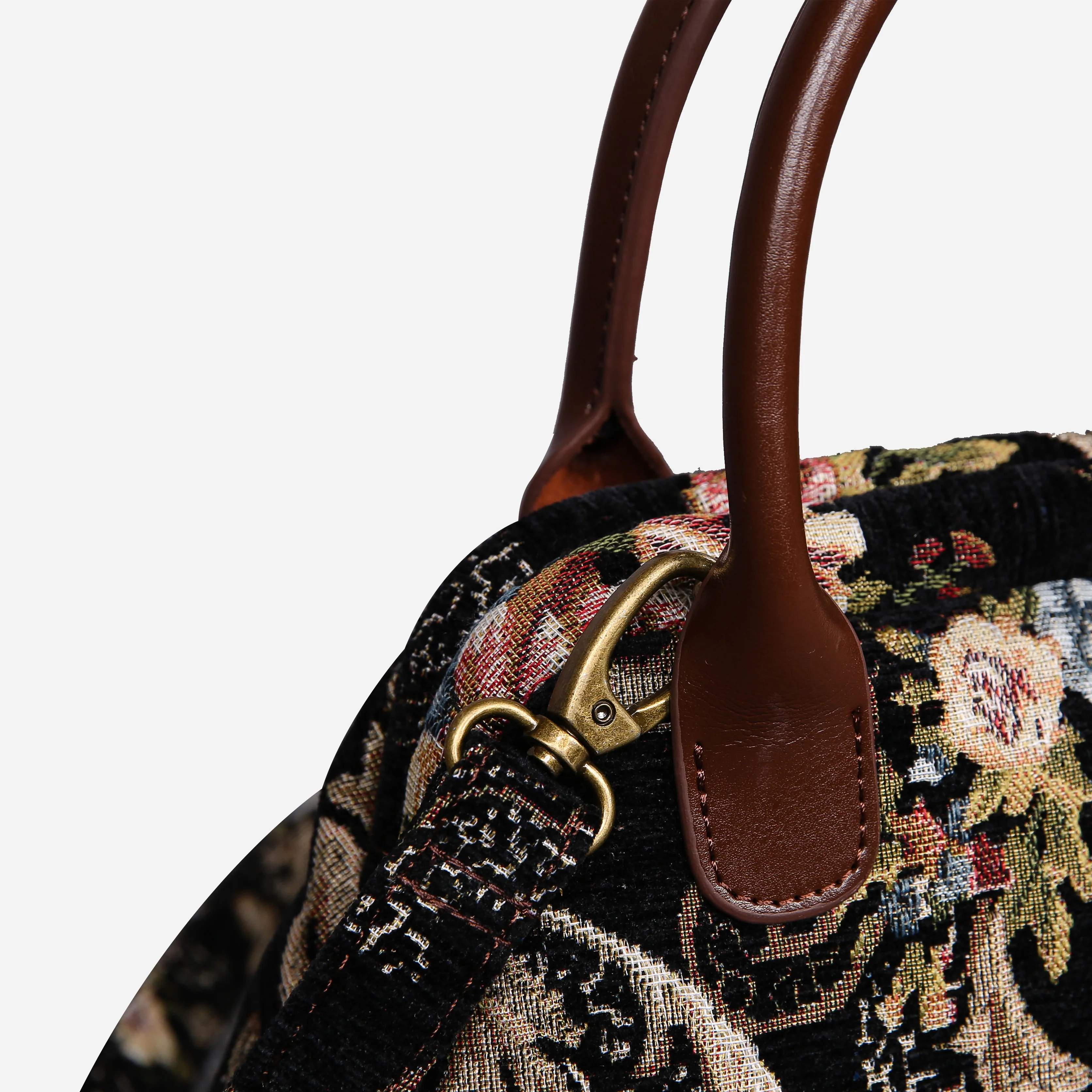 Floral Black Leather Brown Carpet Satchel - Image 3