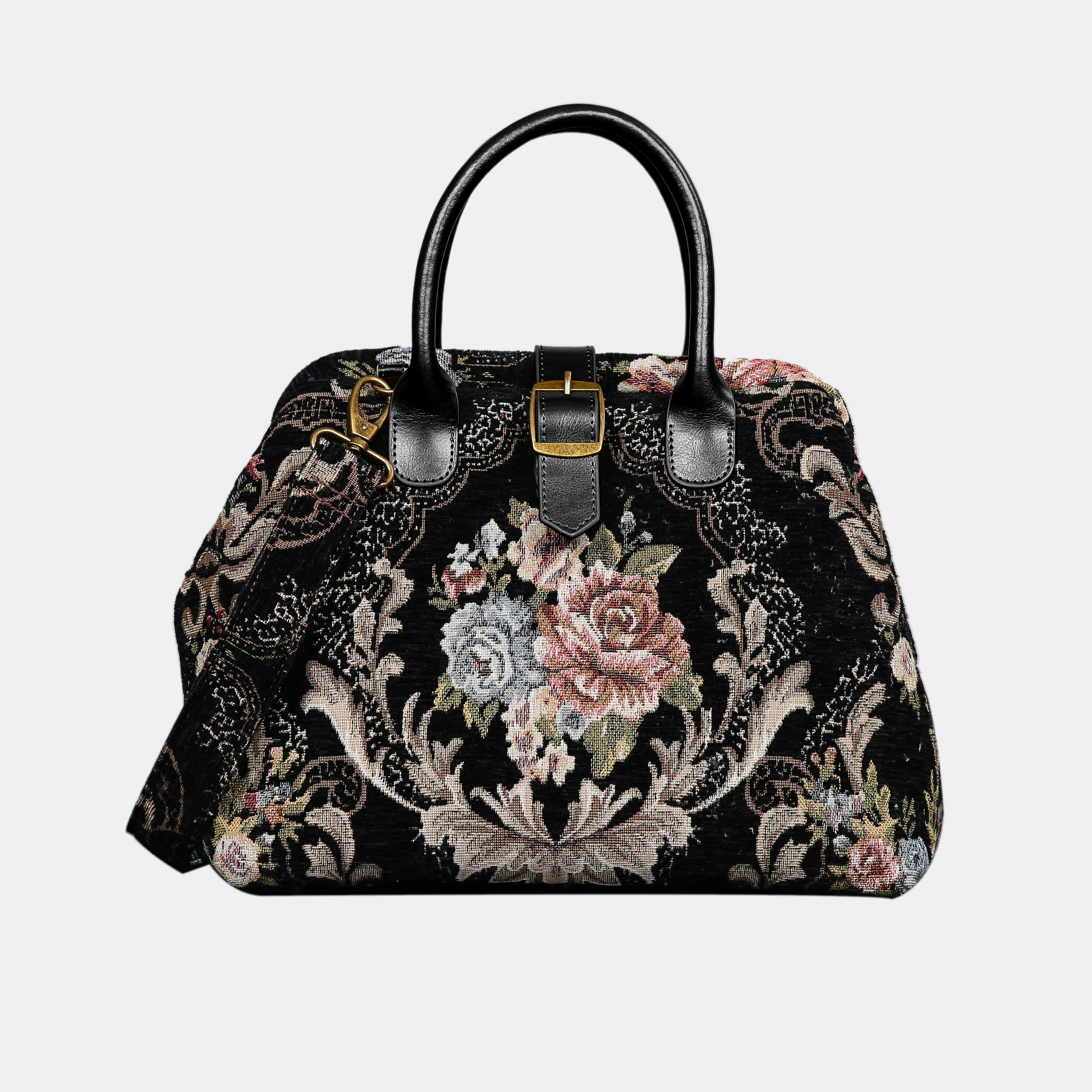 Floral Black Leather Black Carpet Handbag Purse