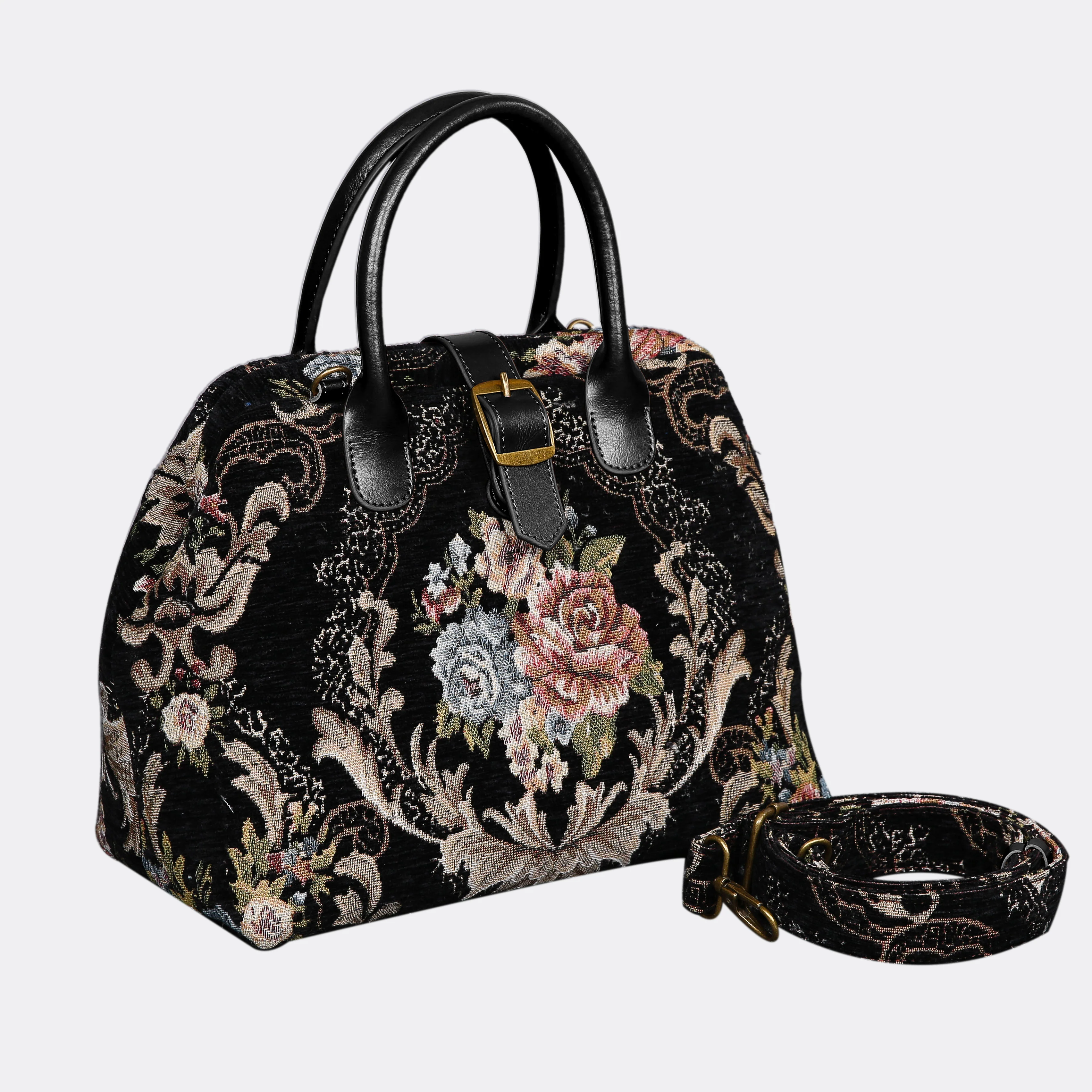 Floral Black Leather Black Carpet Handbag Purse - Image 2