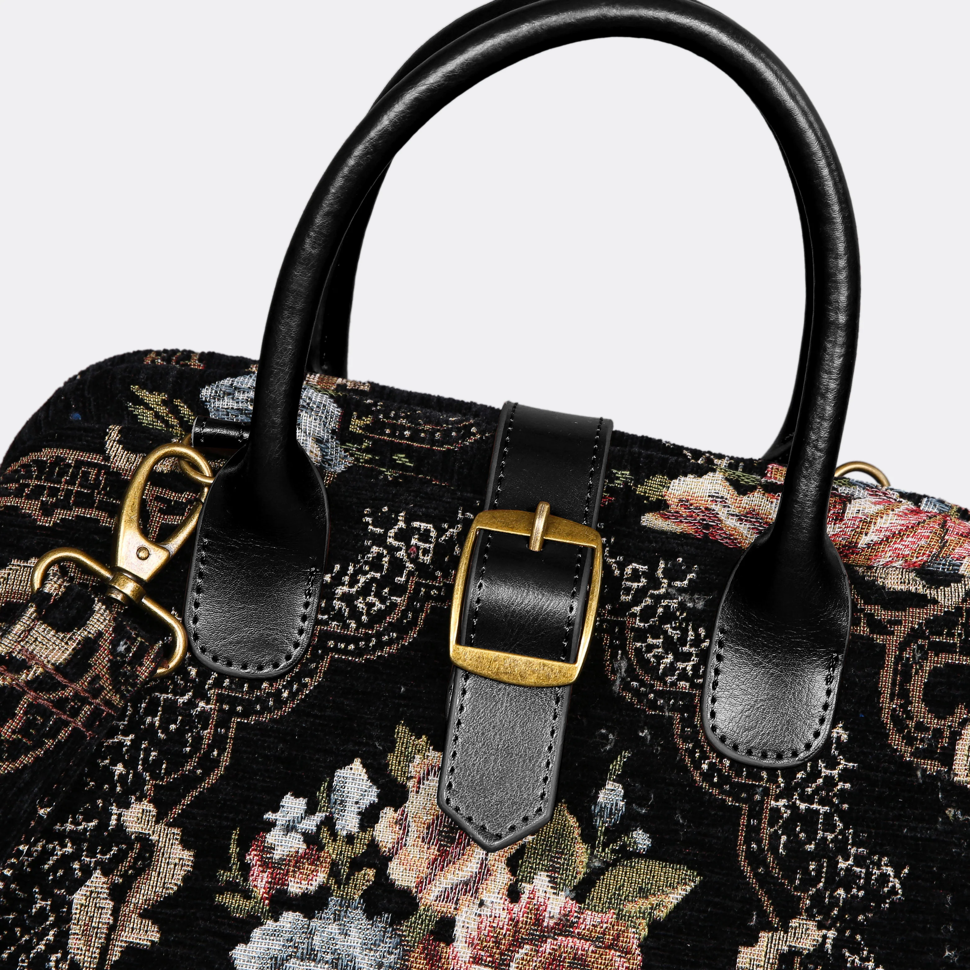 Floral Black Leather Black Carpet Handbag Purse - Image 3