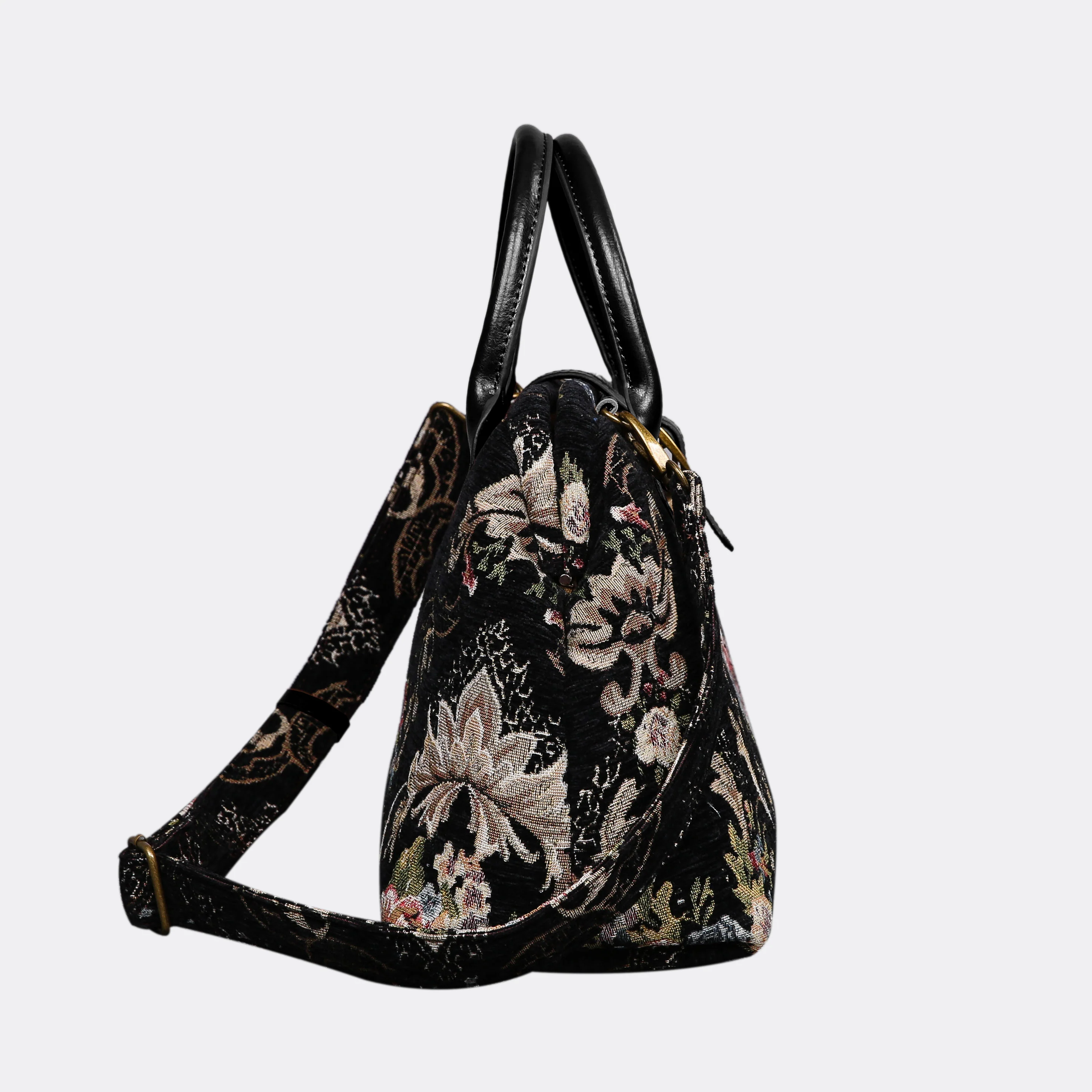 Floral Black Leather Black Carpet Handbag Purse - Image 4