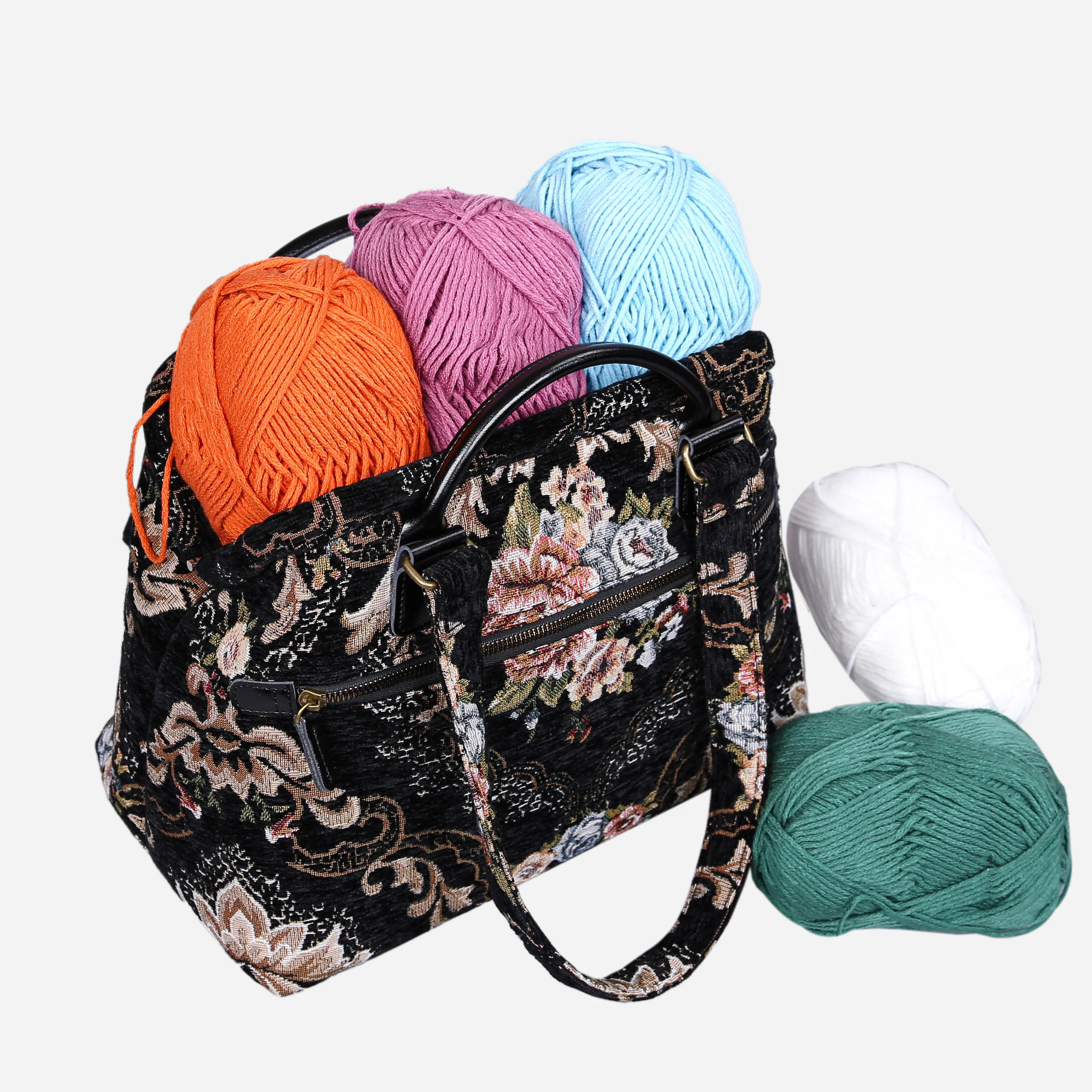 Floral Black/Black Knitting Project Bag - Image 6
