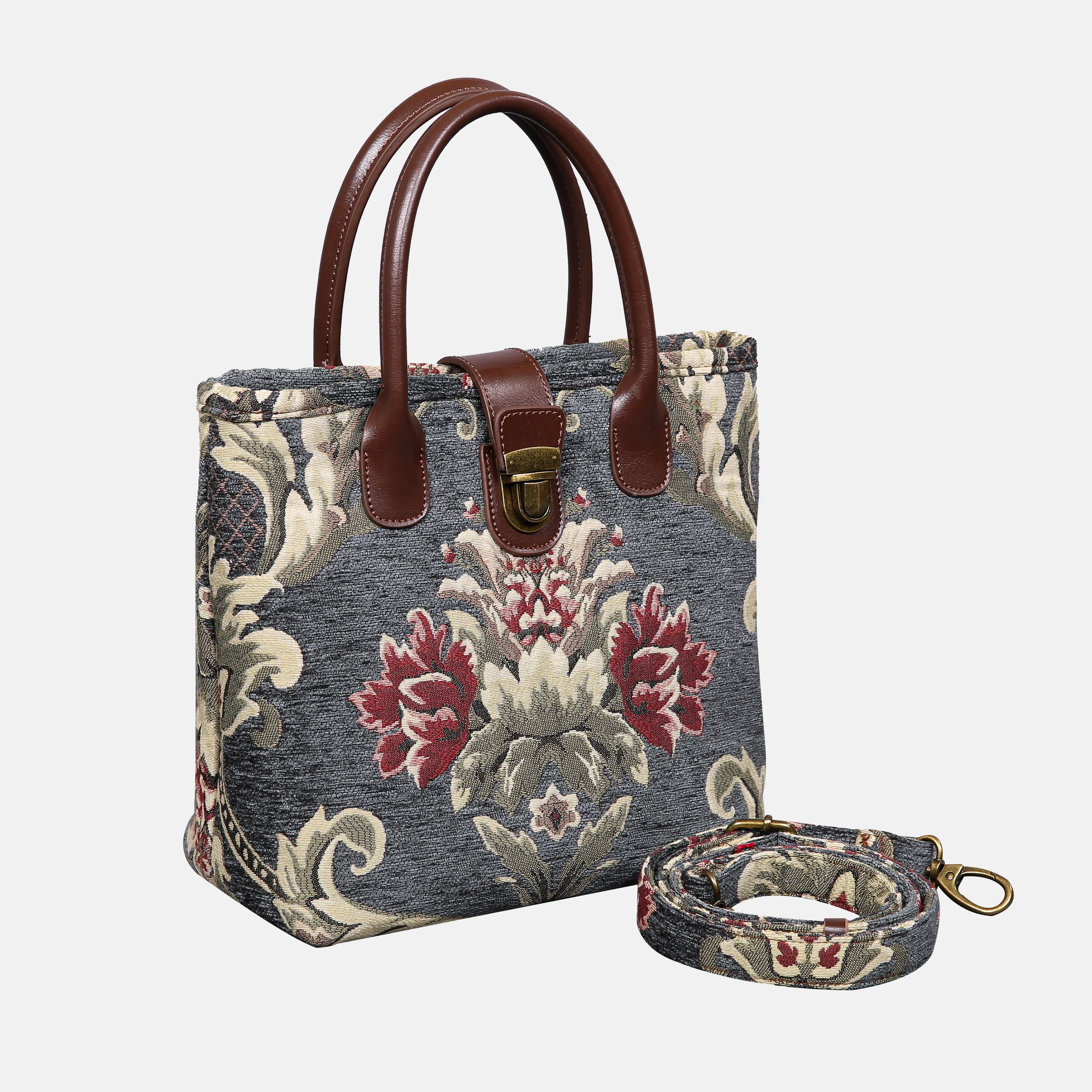 Baroque Floral Green Gray Tuck Lock Carpet Satchel - Image 2