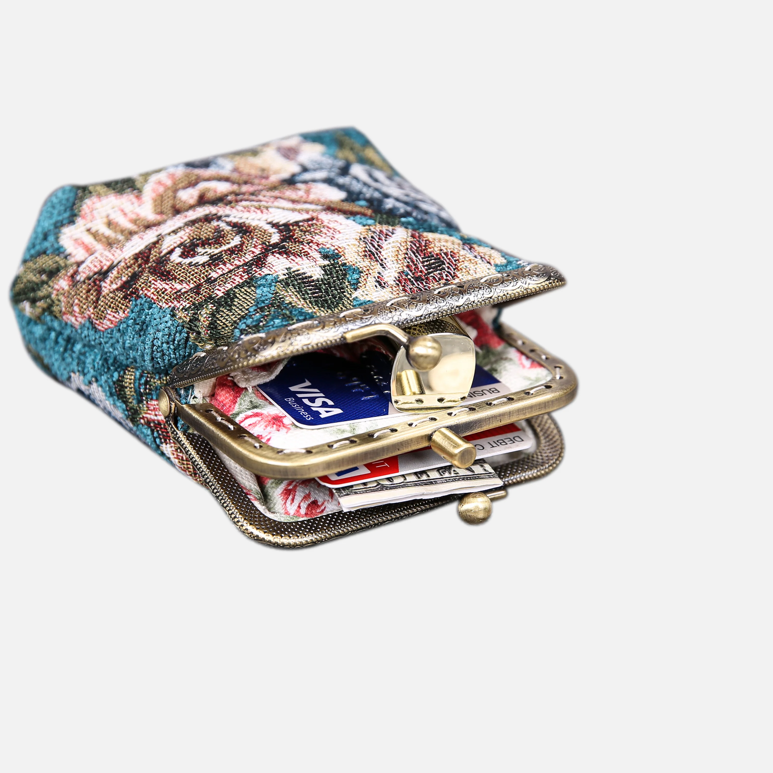 Floral Teal Double Kiss Clasp Coin Purse - Image 4