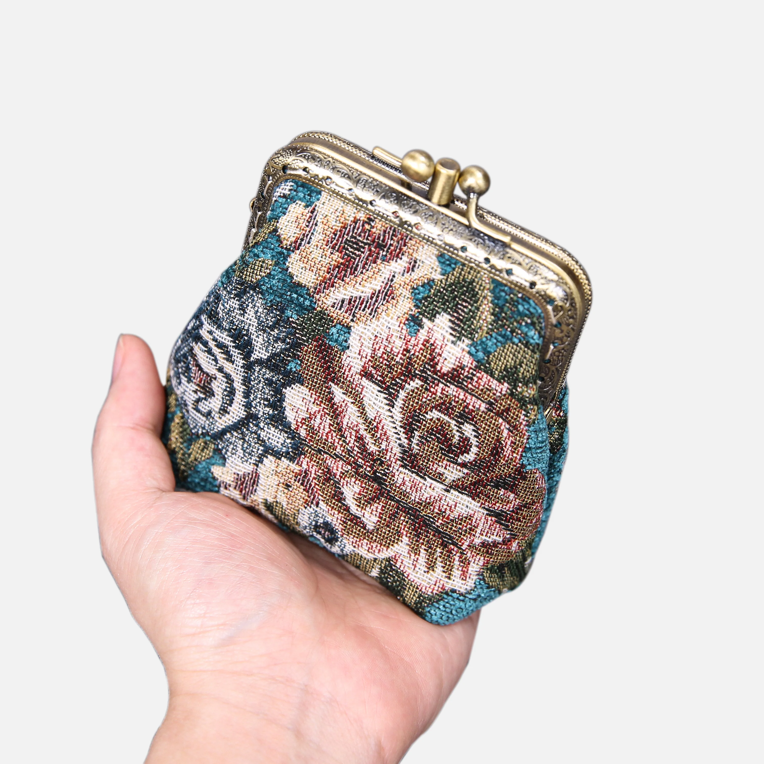 Floral Teal Double Kiss Clasp Coin Purse - Image 6
