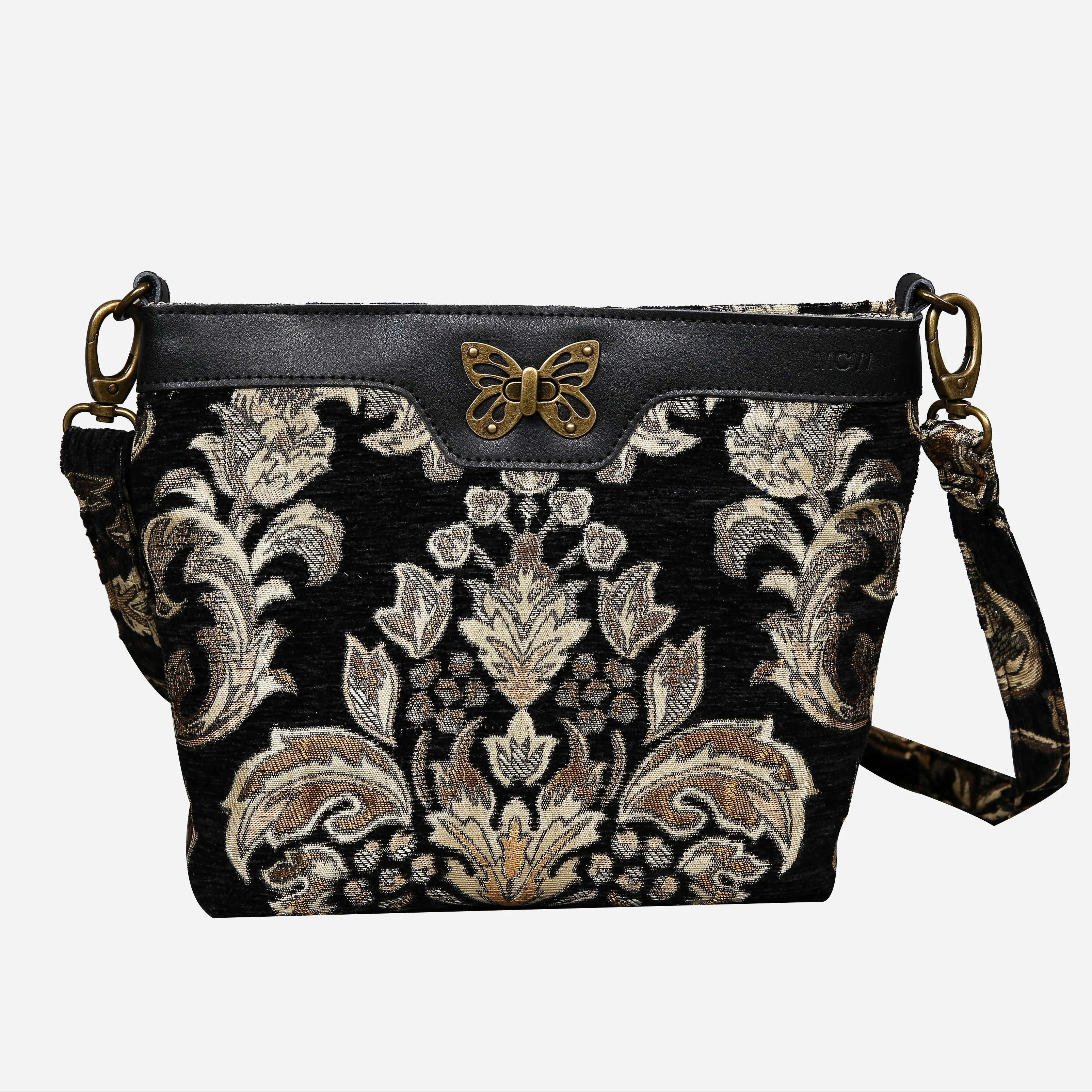 Victorian Blossom Black/Gold Butterfly Crossbody Bag