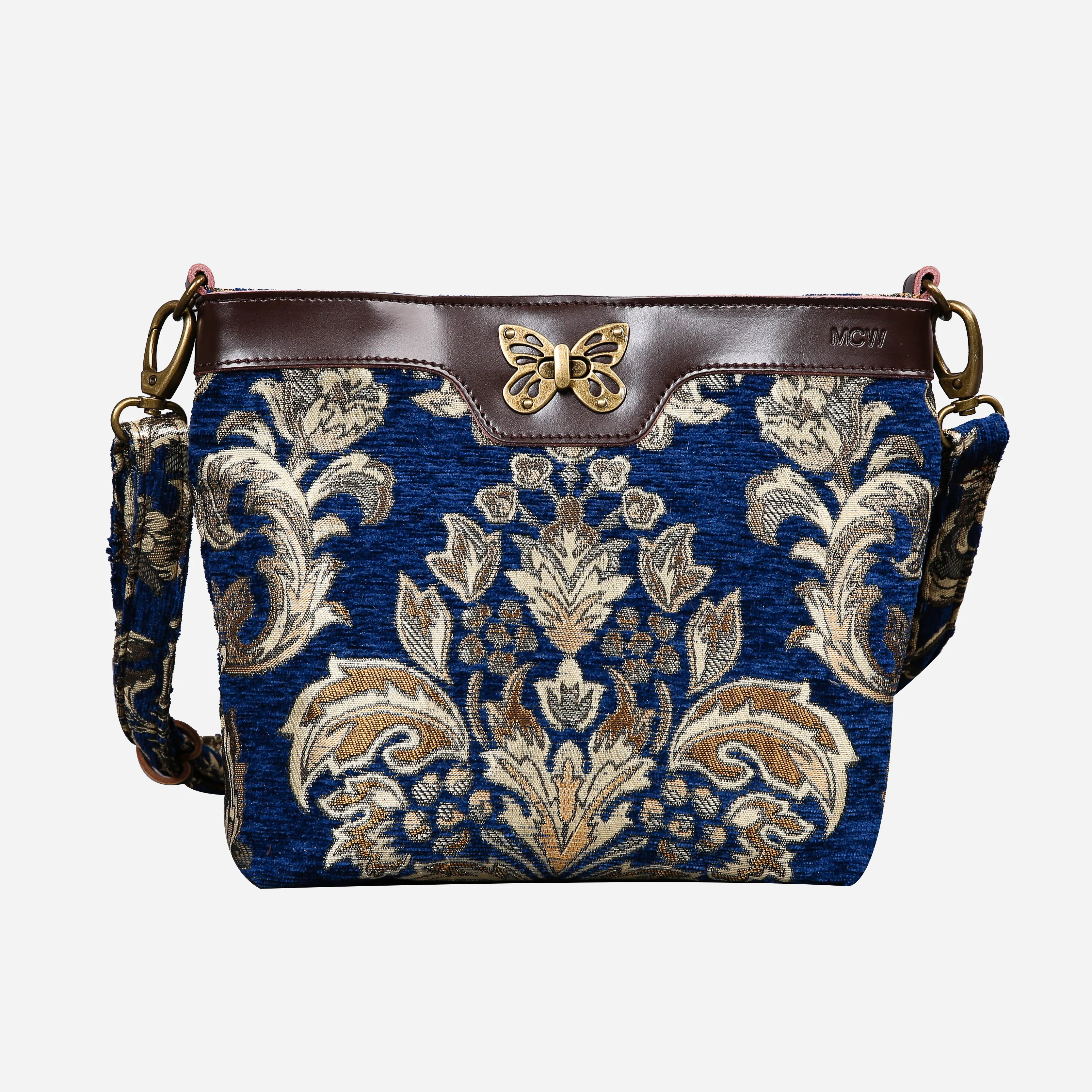 Victorian Blossom Blue-Gold Butterfly Crossbody Bag