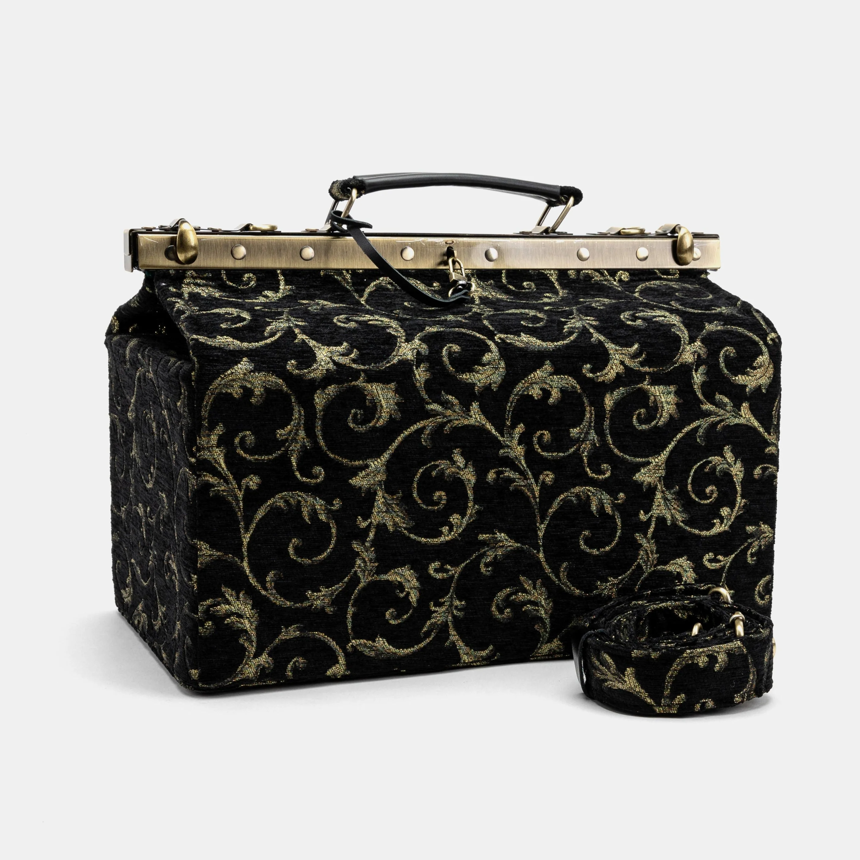 Vintage Scroll Black Green Genevieve Carpet Gladstone Bag